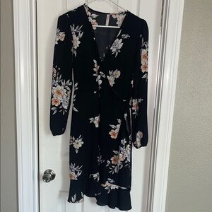 Xhilaration Black Floral Wrap Dress with Long Sleeves